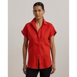 Lauren Ralph Lauren Relaxed Fit Linen Short Sleeve Shirt in Bright Vermilion